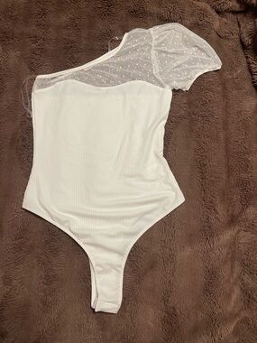 White One-Shoulder Mesh Sleeve Bodysuit